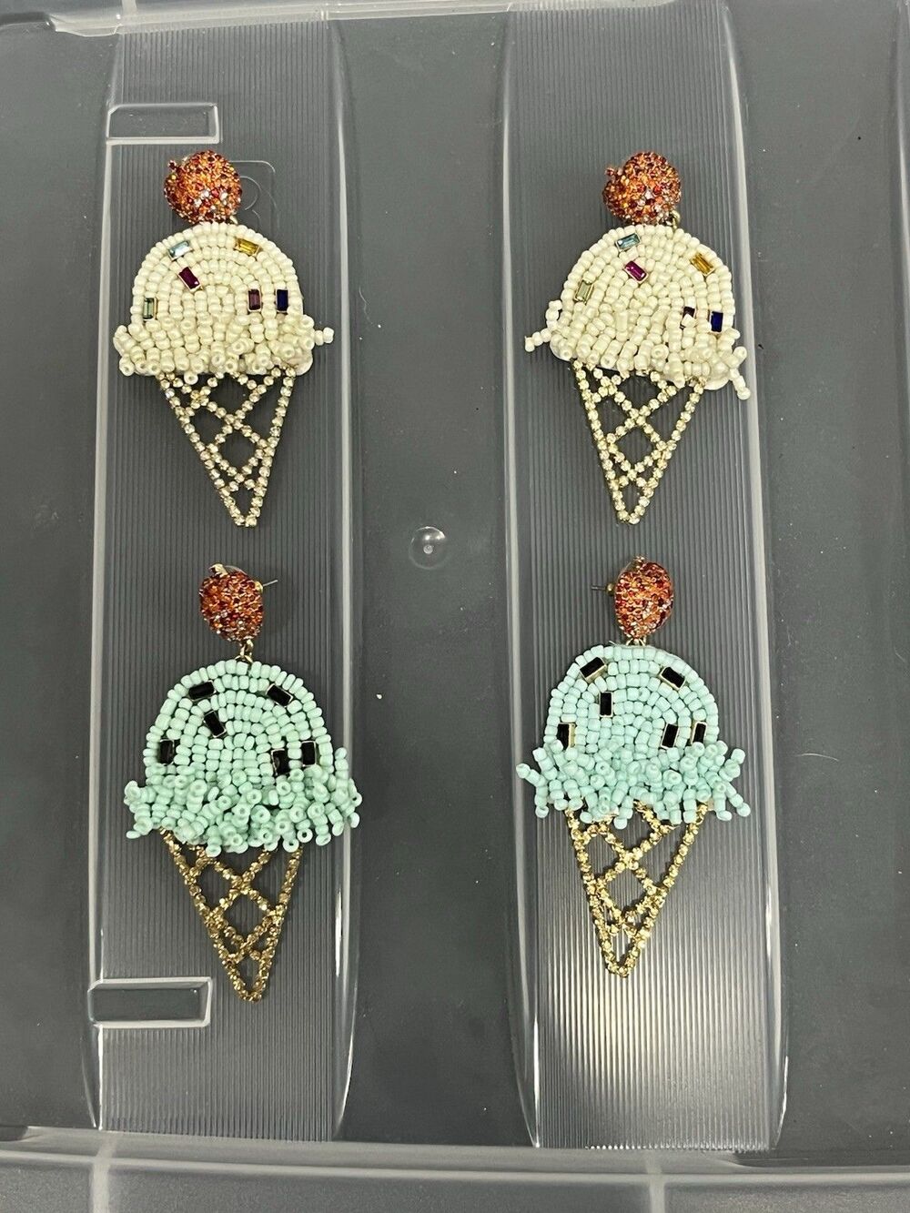 BaubleBar Ice Cream Cone Statement Earrings Crystal Beaded Summer Jewelry 2 Pair